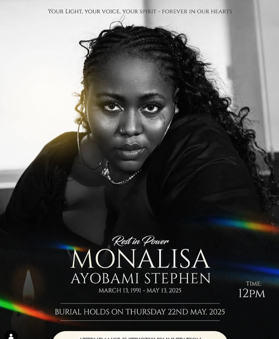 Family of plus -sized actress, Monalisa Stephen announces burial date