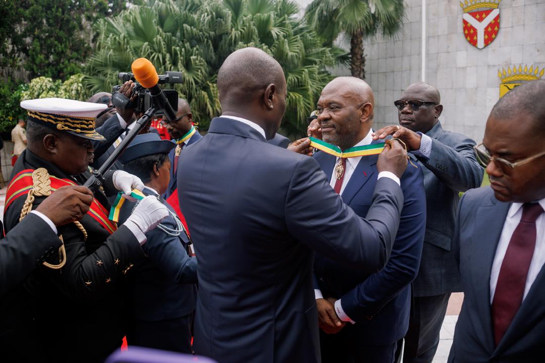 President, Republic of Gabon, His Excellency Brice Oligui Nguema and Group Chairman, United Bank for Africa (UBA), Mr. Tony Elumelu, during the conferment of the Gabonese Highest National Honour, Commander in the National Order of Gabonese Merit’ on Mr Elumelu for his contributions to the Gabonese and African economies, by President Nguema in Libreville on Monday