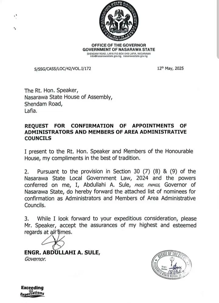 Governor Sule nominates administrators, members for 18 area administrative councils in Nasarawa